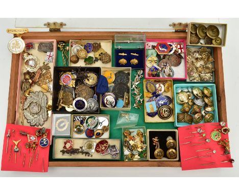 A DISPLAY CASE FILLED WITH BROOCHES, HAT PINS, BUTTONS AND MEDALS, to include a large quantity of brooches such as Winnie the