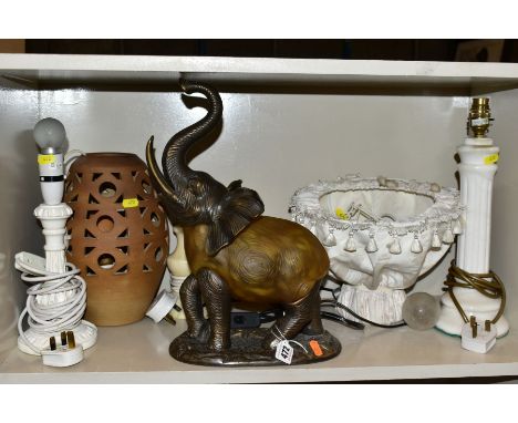 FIVE ASSORTED TABLE LAMPS, including one of elephant form, height 38.5cm, a barrel shaped pottery lamp with pierced sides, to