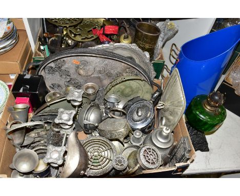 TWO BOXES OF METALWARES AND LOOSE, including a late Victorian oil lamp with green glass reservoir and cast iron base, a blue 