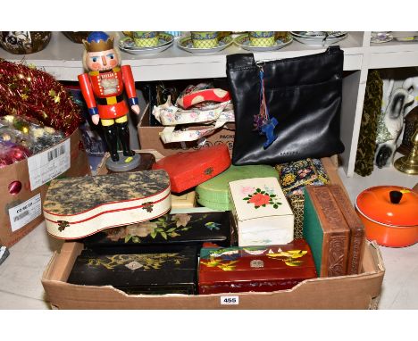 TWO BOXES OF JEWELLERY BOXES, CASED MANICURE SETS, PAINTED WOODEN NUTCRACKER FIGURE, RADLEY AND CATH KIDSTON BAGS AND WALLETS