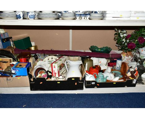 EIGHT BOXES AND LOOSE KITECHENALIA, HOUSEHOLD SUNDRIES, CERAMICS, BOOKS, ETC, including a carbuoy, Ordnance Survey and other 