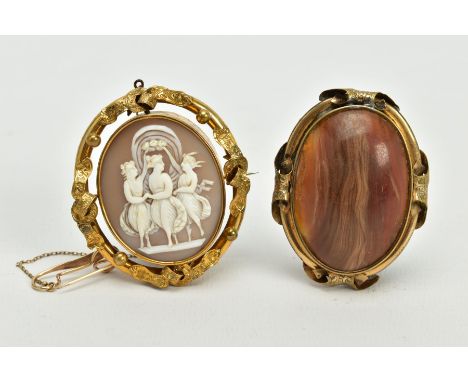 TWO YELLOW METAL BROOCHES, to include a cameo swivel memorial brooch, the cameo depicting the three graces, swivels to reveal