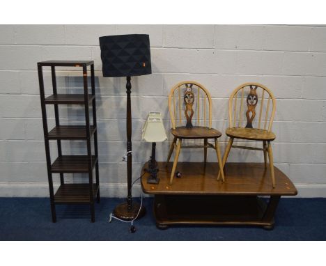 A PAIR OF ERCOL PRINCE OF WALES CHAIRS (partially stripped) together with an oak coffee table, a modern five tier bathroom sh