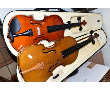 A SKYLARK VIOLA, strings missing, together with a cased violin and bow (one string missing) (2)