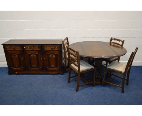 AN OAK GATE LEG TABLE, four ladder back chairs together with an oak sideboard (6)