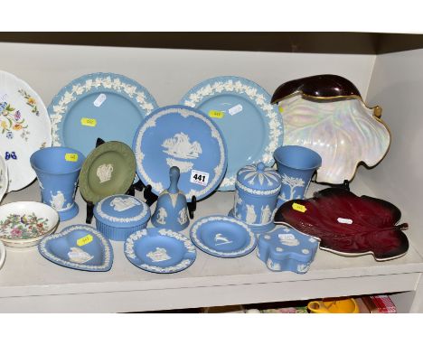 A COLLECTION OF WEDGWOOD JASPERWARE AND AYNSLEY GIFTWARE, etc, including pale blue jasperware pin dishes, trinket boxes, vase