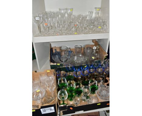 THREE BOXES OF GLASSWARE AND LOOSE GLASSWARE, mostly drinking glasses, some coloured sets, Waterford Crystal square shaped qu