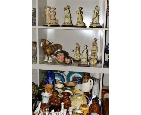THREE BOXES AND LOOSE CERAMICS ETC, to include Regency Fine Arts sculptures on wooden plinths, Royal Doulton 'Auld Mac' D5823