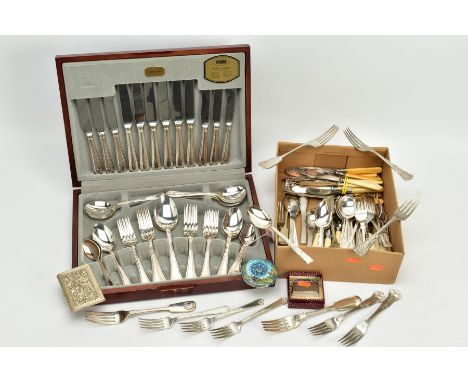 A COMPLETE CANTEEN OF CUTLERY AND A BOX OF VARIOUS FLATWARE, the wooden canteen, opens to reveal a full forty four piece set 