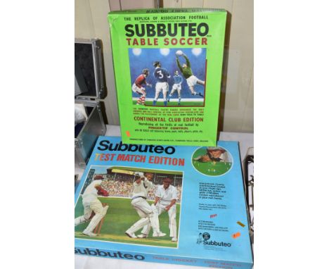 A BOXED SUBBUTEO TABLE CRICKET TEST MATCH EDITION SET, not complete has some missing and damaged items, with a boxed Subbuteo