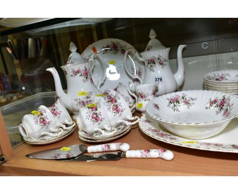 ROYAL ALBERT 'LAVENDER ROSE' TEA/DINNER WARES, comprising two coffee pots, cream jug (broken base), sugar bowl, oval platter,