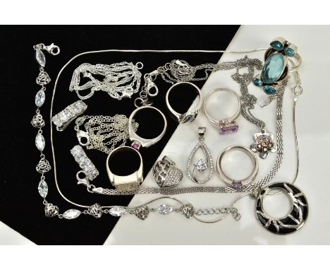A COLLECTION OF WHITE METAL ASSORTED JEWELLERY ITEMS, to include six gemset rings, cubic zirconia, glass filled ruby and past