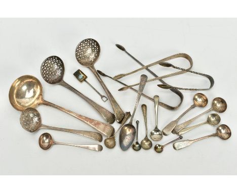 A QUANTITY OF SILVER FLATWARE, to include three Georgian sugar sifters, two of Old English thread design, with engraved monog