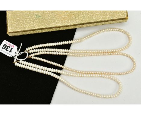 THREE SETS OF CULTURED PEARL NECKLACES, the first with a strand of button pearls, fitted with a yellow metal spring clasp, st