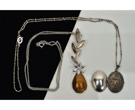 TWO SILVER PENDANT NECKLACES, the first designed with a tiger eye and mother of pearl floral drop pendant, stamped 925, suspe