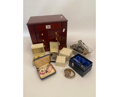 A WOODEN JEWELLERY BOX AND OTHER BOX WITH CONTENTS, a dark wooden, multi draw jewellery box with contents of mainly costume j