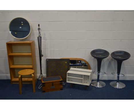 A QUANTITY OF OCCASIONAL FURNITURE, to include a pair of modern bar stools, a retro cream plastic circular dressing mirror on