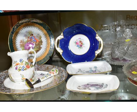 A SMALL GROUP OF CERAMICS AND GLASS, to include Aynsley ' Cottage Garden' jug and spoon, Minton cabinet plates and three trin