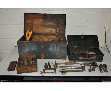 A WOODEN TOOL CHEST AND CASE CONTAINING UPHOLSTERERS TOOLS including tack hammers, scissors, shears, leather punches, plane, 