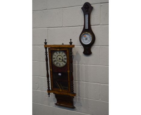 A 19TH CENTURY ROSEWOOD MARQUETRY INALID WALL CLOCK, height 93cm together with an oak aneroid barometer (2)