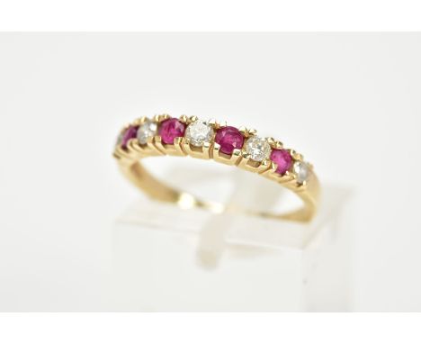 A 9CT GOLD DIAMONDS AND RUBY HALF ETERNITY RING, set with five round brilliant cut diamonds interspaced with four circular cu