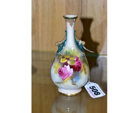 A SMALL ROYAL WORCESTER HADLEYS BUD VASE, H288, hand painted roses on ivory ground, pierced decoration to the rim, approximat