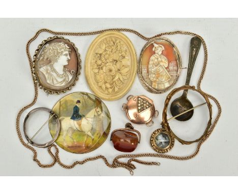 A SELECTION OF ITEMS, to include two gold plated cameo panels one depicting a lady in profile within a rope twist surround, t