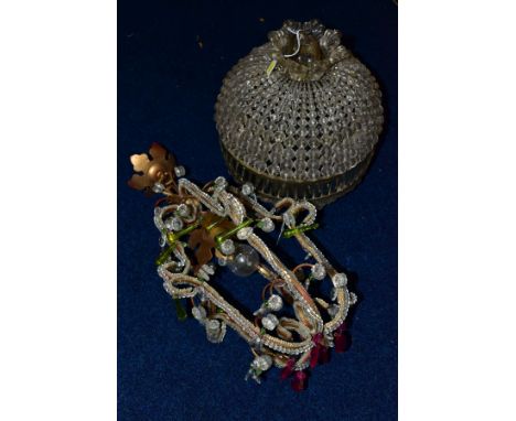 A SECOND HALF 20TH CENTURY VENETIAN STYLE CEILING LIGHT FITTING, the gilt scrolled arms mounted with glass beads and coloured