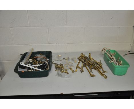 A COLLECTION OF VINTAGE WINDOW FURNITURE including painted iron and brass window latches, pipe work, etc