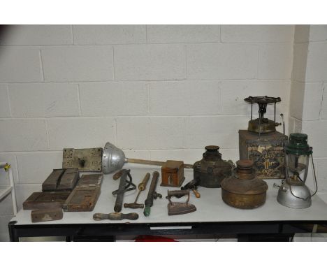 A SELECTION OF VINTAGE COLLECTABLES including five antique door locks, a tilly lamp, two paraffin lamps, a paraffin stove in 