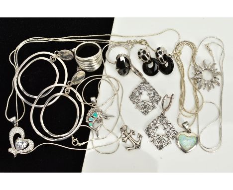 A COLLECTION OF WHITE METAL ASSORTED JEWELLERY ITEMS to include an onyx and marcasite ring, onyx and enamel drop earrings, sy