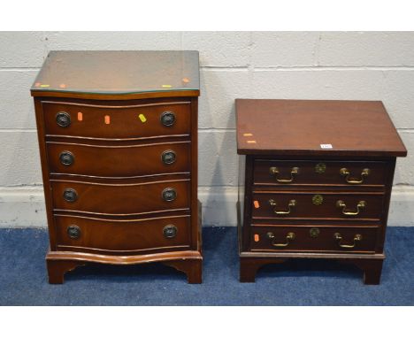 A SMALL MAHOGANY CHEST OF THREE DRAWER, on bracket feet, together with a mahogany serpentine chest of four long drawers (2)