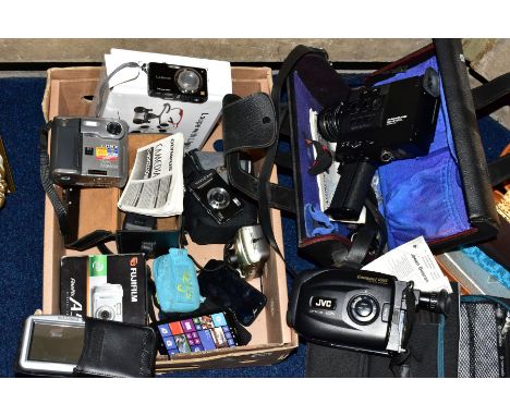 A BOX AND LOOSE OF CAMERAS AND ACCESSORIES, PHONES ETC, to include JVC optical 22x in soft carry case, a Magnon SD-512XL Mags