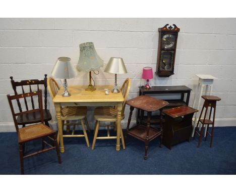 A QUANTITY OF OCCASIONAL FURNITURE, to include a beech kitchen table and two chairs, an oak three tier bookcase, modern wall 