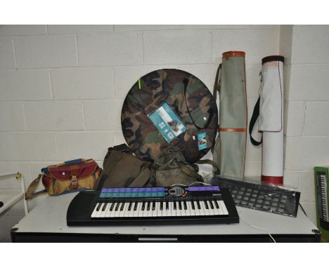A YAMAHA KEYBOARD in box with PSU, an Active Sport easy pitch tent, two vintage golf bags and three bags (77)