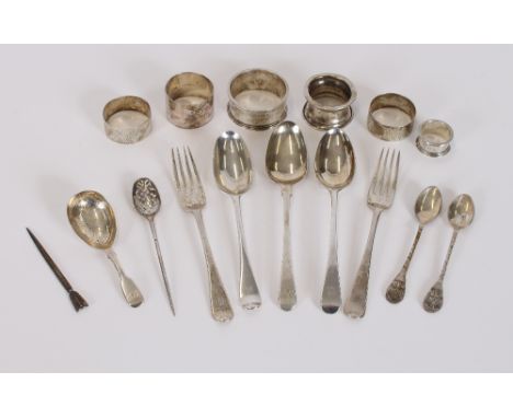 A Victorian caddy spoon, with foliate engraved decoration; various  Georgian and Victorian spoons and forks; a pierced mote s