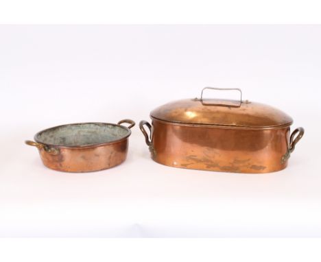 An oval copper fish kettle, with domed lid; and a circular copper preserve pan