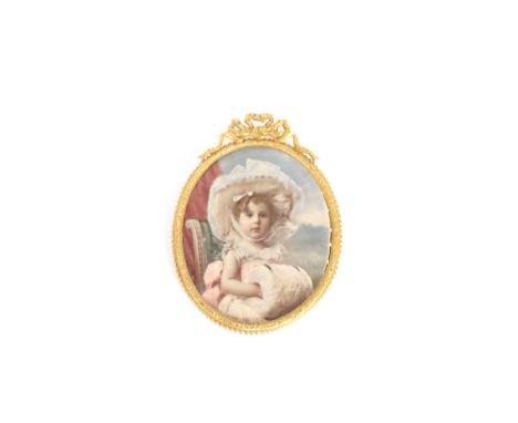 A miniature over painted photographic portrait, contained in a gilded ribbon tied decorated frame and red Morocco folding cas