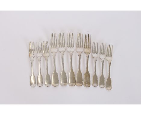 A set of six Victorian silver "Fiddle" pattern table forks; and six matching dessert forks, London 1868, 21oz