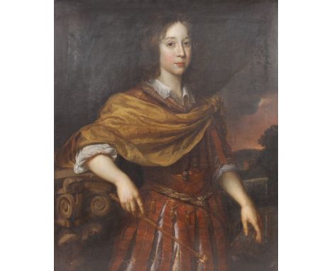 18th Century school, portrait study of a young prince holding a mace reclining against balustrade with parkland setting at su