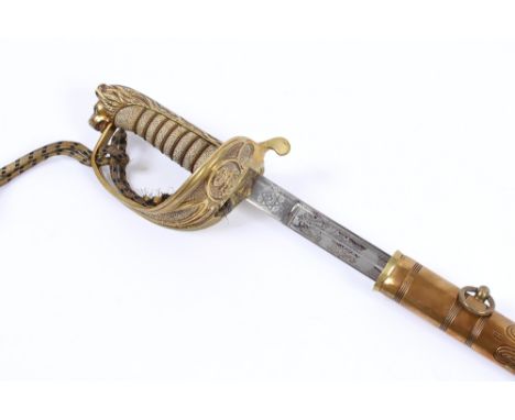 A Naval officer's sword, with engraved blade, shagreen grip, leather and brass mounted scabbard, 94cm long overall