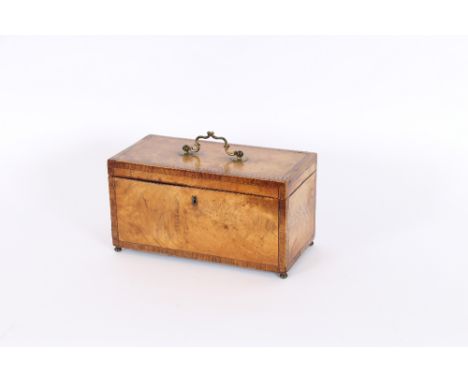 A Regency satinwood and rosewood cross banded three compartment tea caddy, raised on brass ball feet, 31cm wide 