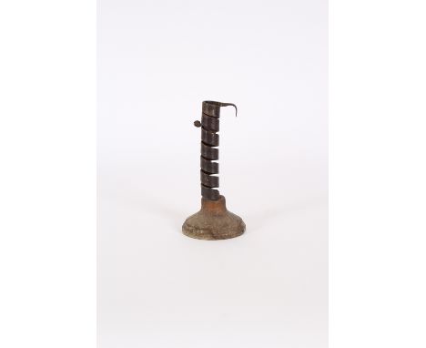 An Antique iron and wood rush light holder, 18.5cm high