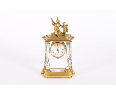 A fine quality late 19th Century ormolu and enamelled miniature four pillar mantel clock, 12cm high