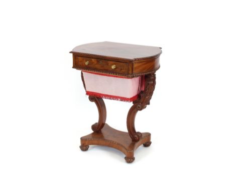 A 19th Century mahogany work table, of bowed form, fitted with a single drawer above silks well, raised on acanthus carved sc