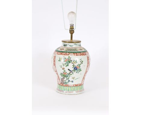 An antique Chinese famille verte baluster vase, AF and converted to a table lamp, 35cm high