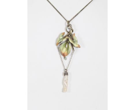 A French Art Nouveau white metal and enamel Baroque pearl pendant, stamped Sterling, Deposé, later chain 