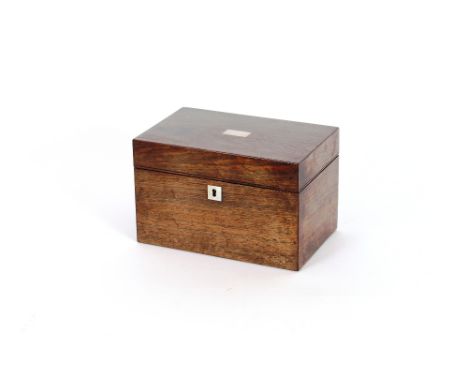 An early 19th Century rosewood two compartment tea caddy, with mother of pearl cartouche and escutcheon, 32cm wide