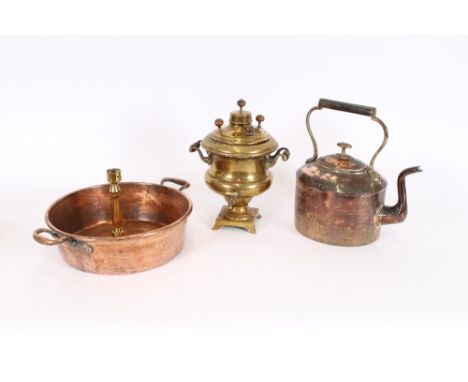 A Victorian copper kettle; a preserve pan; a brass samovar and a candlestick, (4)