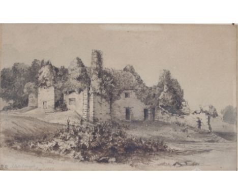 R.R., study of a ruined house in landscape, pencil sketch, signed "Scotsborough August 1853", 14cm x 22cm
